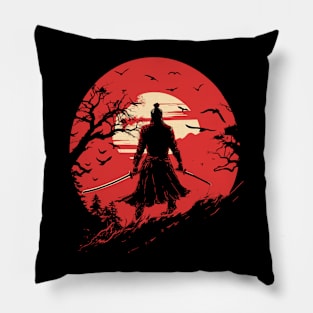 Samurai Illustraion Vintage Sunset Pillow