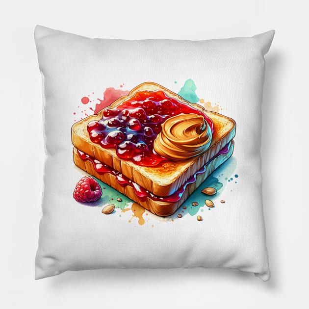 Peanut Butter And Jelly Toast Kawaii Breakfast Vintage Sandwich Yummy Pillow by Flowering Away