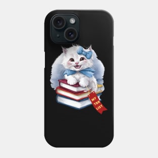 My TBR List Funny Sky Blue Book Stack Cute Coquette Kitten wearing Blue Bow and Ribbon with Red Bookmark for Book Lovers, Book Readers and White Cat Lovers Phone Case