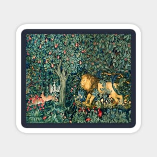 GREENERY, FOREST ANIMALS Lion and Hares Blue Green Floral Magnet