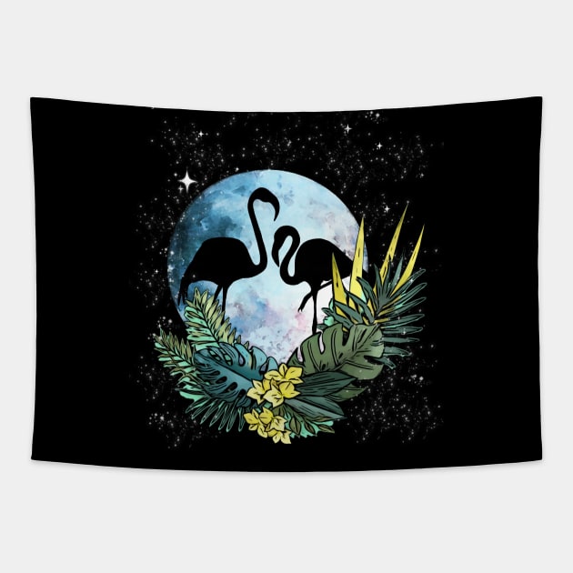 Flamingo shades blue moon and flowers Tapestry by Collagedream