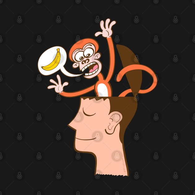 Let's meditate. Mad monkey asking for bananas from inside the head of a man in meditation by zooco