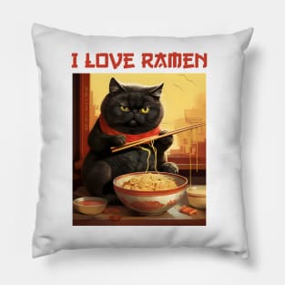 Quirky Chubby Kitty Cat Eating Ramen - I Love Ramen Pillow