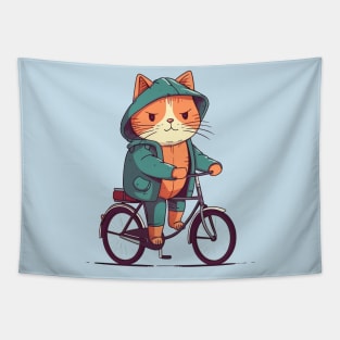 Funny cat with raincoat rides the bicycle Tapestry