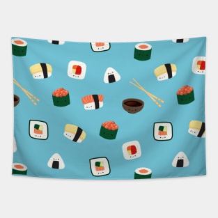 Kawaii sushi pattern blue happy nigiri salmon Tapestry