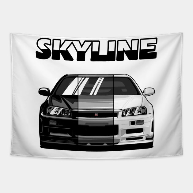 Nissan Skyline r34 GTR White Grey and Black, JDM Car Tapestry by T-JD