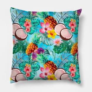 tropical pineapple exotic botanical illustration with floral tropical fruits, blue aqua fruit pattern over a Pillow