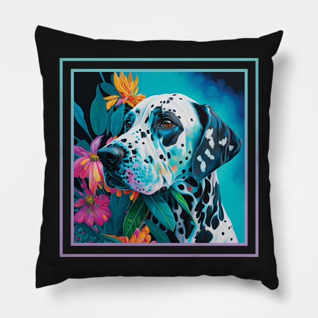 Loyal Dalmatian Dog Floral Vibrant Tropical Digital Oil Painting Pet Portrait Pillow by ArtHouseFlunky