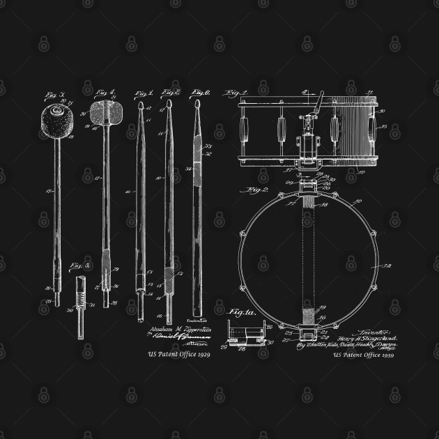 Vintage Patent Prints Drumsticks and Snare Drum by MadebyDesign