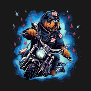 A dramatic patriotic t-shirt design with a Rottweiler Dog on a chopper motorcycle T-Shirt