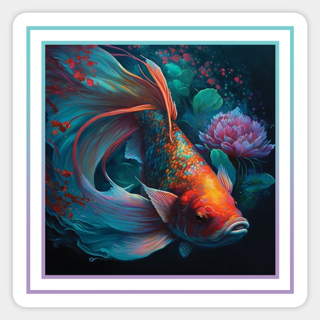 Silky Koi Fish Vibrant Tropical Flower Digital Oil Painting Portrait - Koi  - Sticker