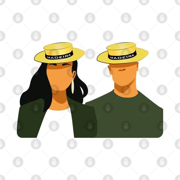 Madeira Island female and male couple no face illustration using the traditional straw hat by Donaby