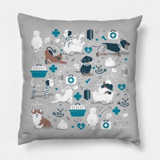 Veterinary medicine, happy and healthy friends // grey background turquoise details navy blue white and brown cats dogs and other animals Pillow