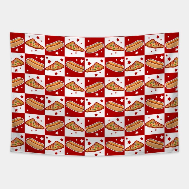 Hotdog Pizza Fastfood Checkered Pattern Tapestry by saradaboru