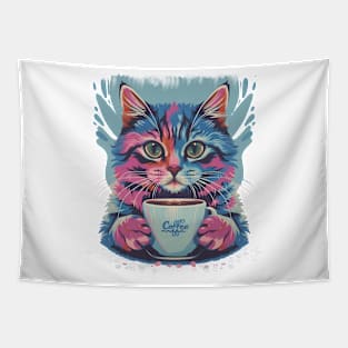 Colorful Cat And Coffee Cup Watercolor Design Tapestry