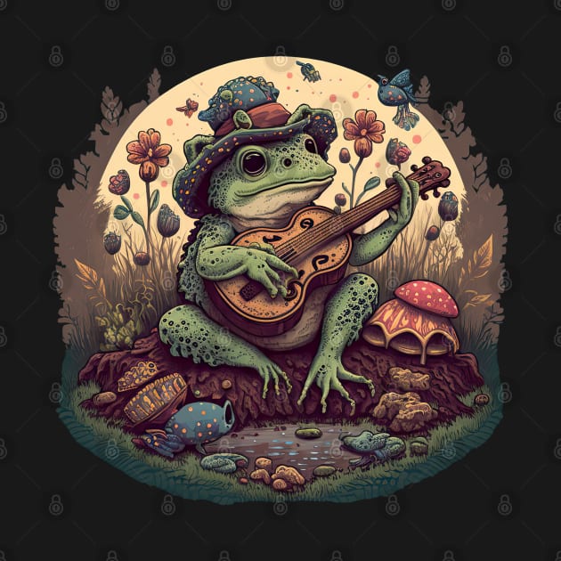 Cottagecore aesthetic cute frog playing ukelele on Mushroom by JayD World