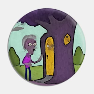 Watercolor old man with a tree house Pin