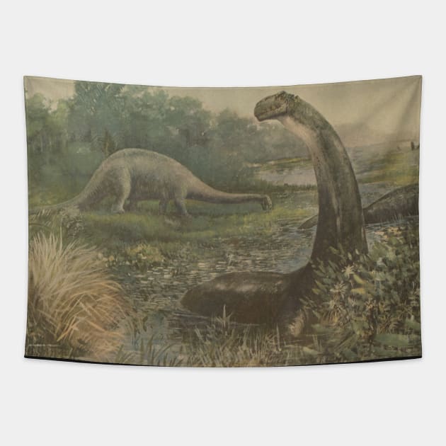 Vintage Dinosaur Paleoart - Brontosaurus and Diplodocus Tapestry by softbluehum