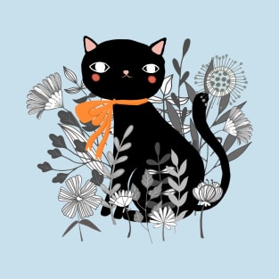 Kitty Kitty Sitting Pretty With Flowers All Around T-Shirt