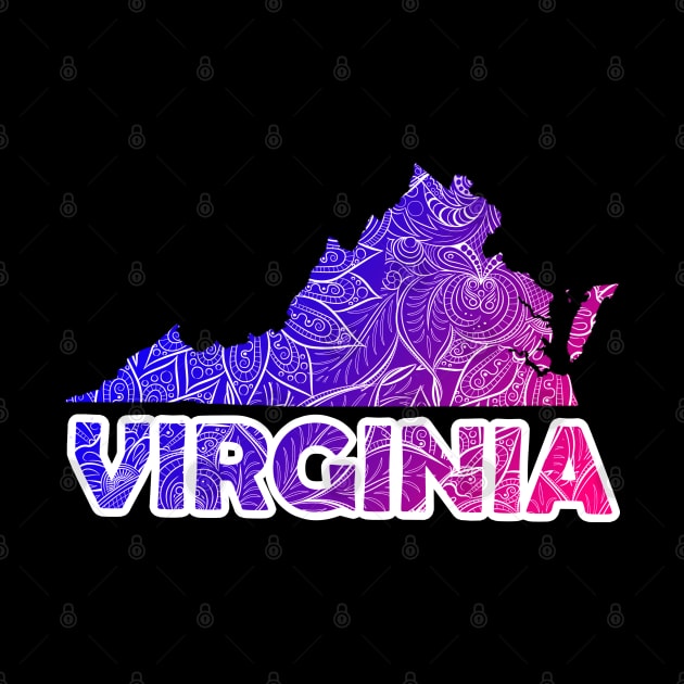 Colorful mandala art map of Virginia with text in blue and violet by Happy Citizen