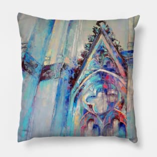 Gothic cathedral. Architectural colorful abstract with graphic silhouette. Oil painting in multicolored tones. Pillow
