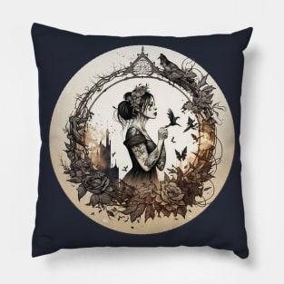 Gothic Charmer Victorian Girl Art with Black Roses Pillow