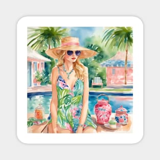 Girl in sunglasses at the swimming pool Magnet