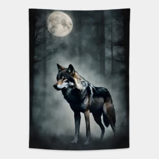 Mysterious Wolf in the Foggy Dark Forest Vintage Tapestry