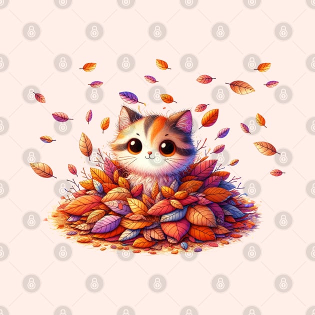 A Cute cat in a pile of leaves by Ketsara