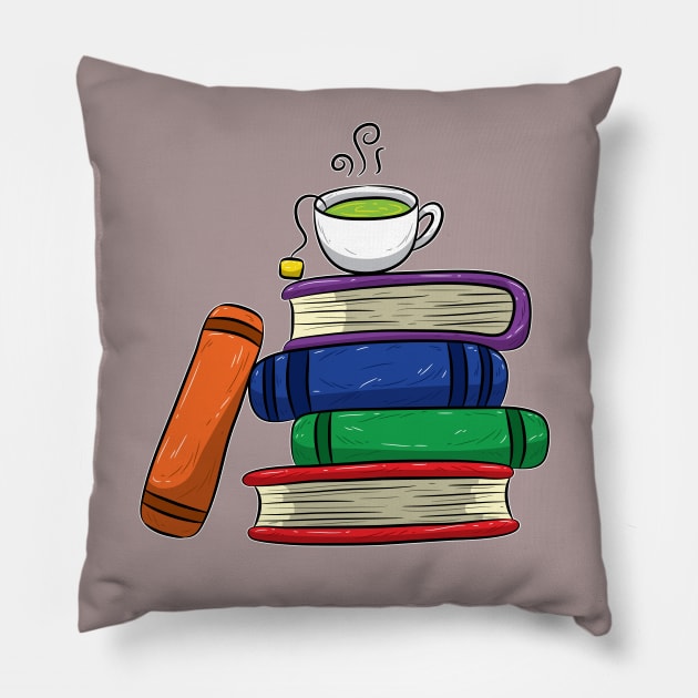 Book Lovers Books and Tea Colorful Pillow by screamingfool