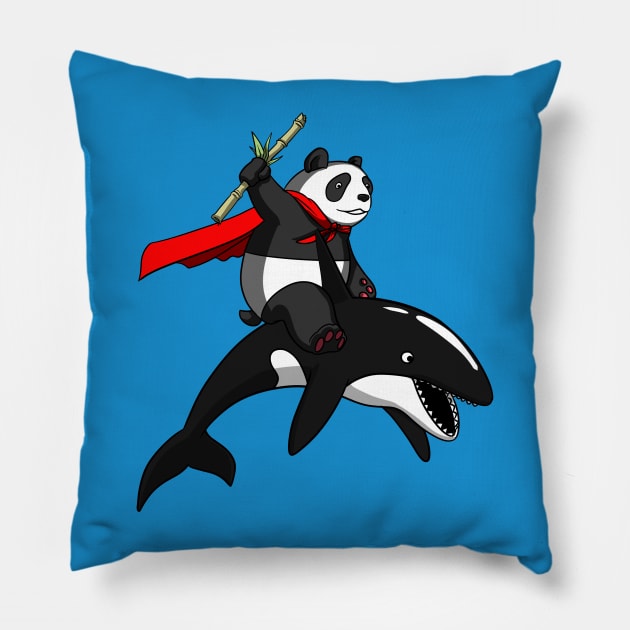 Panda Bear Riding Orca Whale Pillow by underheaven