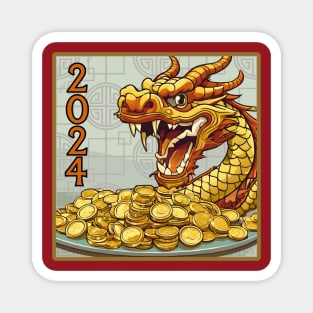 Happy Chinese New Year of the Dragon and Pile of Gold Coins for 2024 Magnet