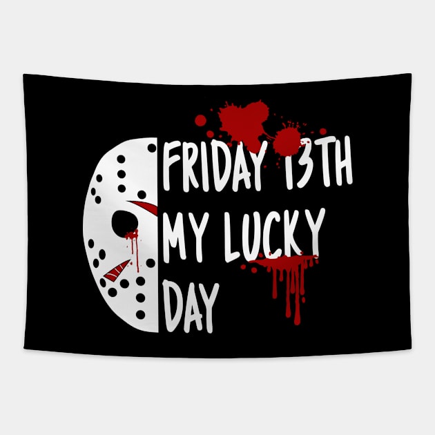 Halloween Friday 13th Jason Mask Quote Tapestry by HotHibiscus