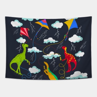 Dinosaurs flying Kites in Thunderstorm Tapestry