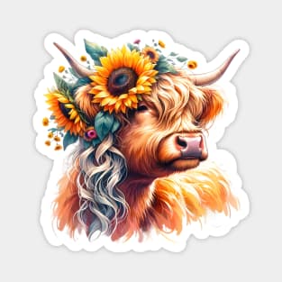 Highland Cow with Sunflower Crown Magnet