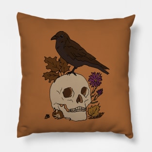 Fall Crow with Skull and Mouse Drawing Pillow