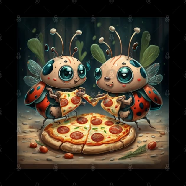 Cute and funny ladybug eating pizza gift ideas stickers tee and more by WeLoveAnimals