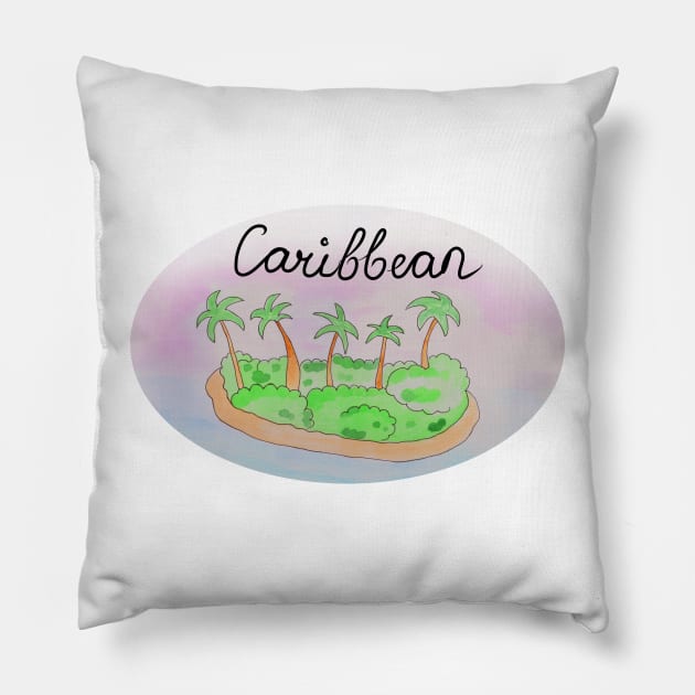 Caribbean watercolor Island travel, beach, sea and palm trees. Holidays and vacation, summer and relaxation Pillow by grafinya