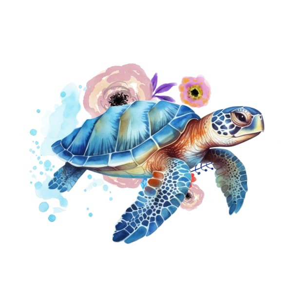 Trendy Watercolor Floral Sea Turtle . by Alienated