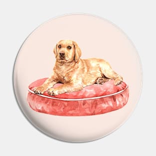 Cute Labrador Dog and His Red Bed Pin
