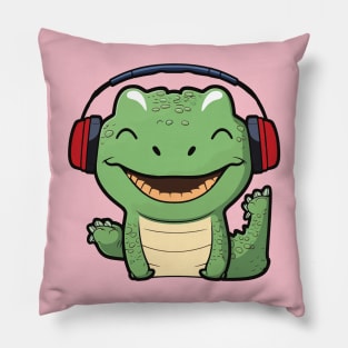 Cute Kawaii Alligator Wearing Headphones Pillow