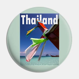 Thailand beach scene of a long tail boat on idyllic shores, typography. Pin