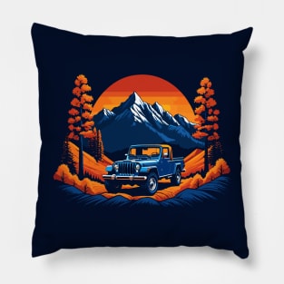 Vintage Jeep Pickup Fall Mountain Scene Pillow