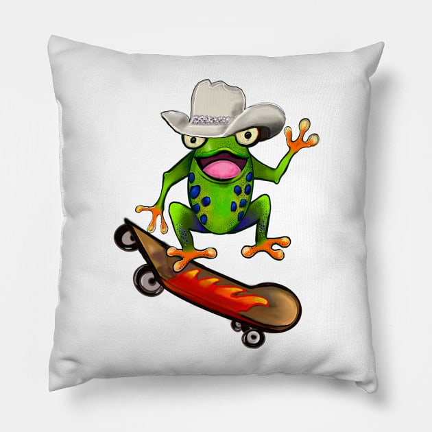 Frog - Kawaii Froggy Skateboarding Cute Frog Texas cowboy hat Funny toad toads amphibian tadpole Green Red eyed tree frogs rain forest Lizard dragon zoology gift frog Pillow by Artonmytee