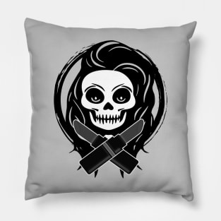 Beautician Skull and Crossed Lipsticks Black Logo Pillow