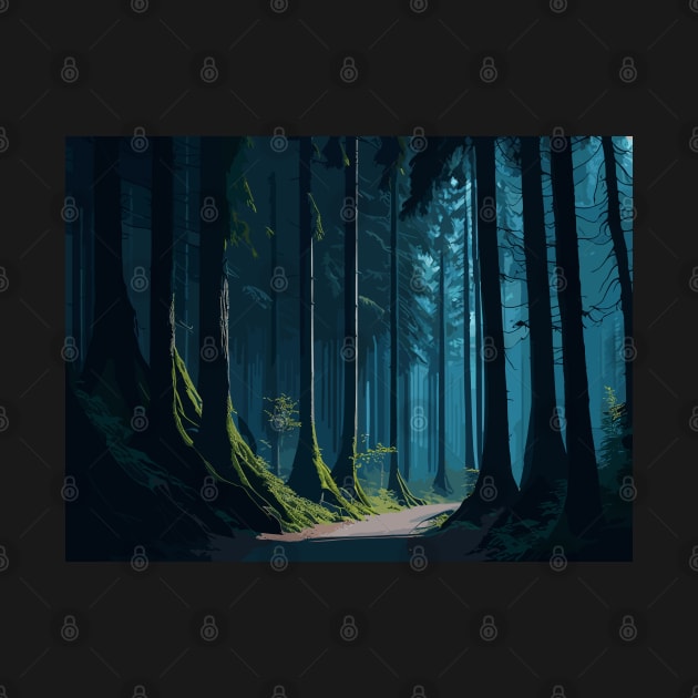 Dark forest road with trees and fog by webbygfx