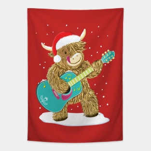 Scottish Highland Cow Plays Guitar In The Christmas Snow Tapestry