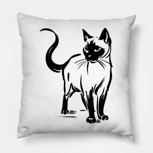 Stick figure of Siamese cat in black ink Pillow