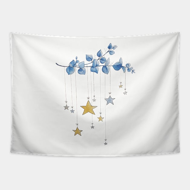 Watercolor Eucalyptus Branch and Stars Tapestry by Jessfm