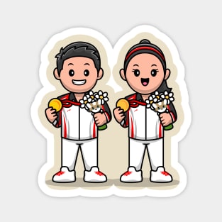 Cute Boy And Girl Winning Champion Cartoon Magnet